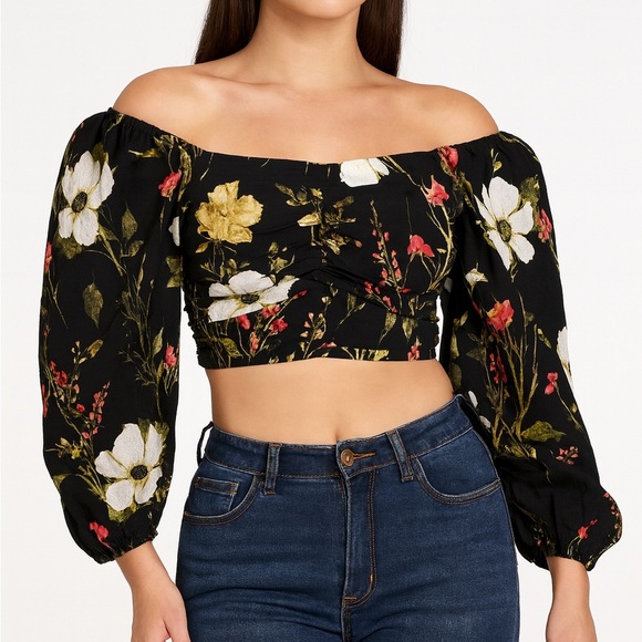H&M Floral Off Shoulder Crop Top Black Puff Sleeve Blouse - Picture 1 of 8